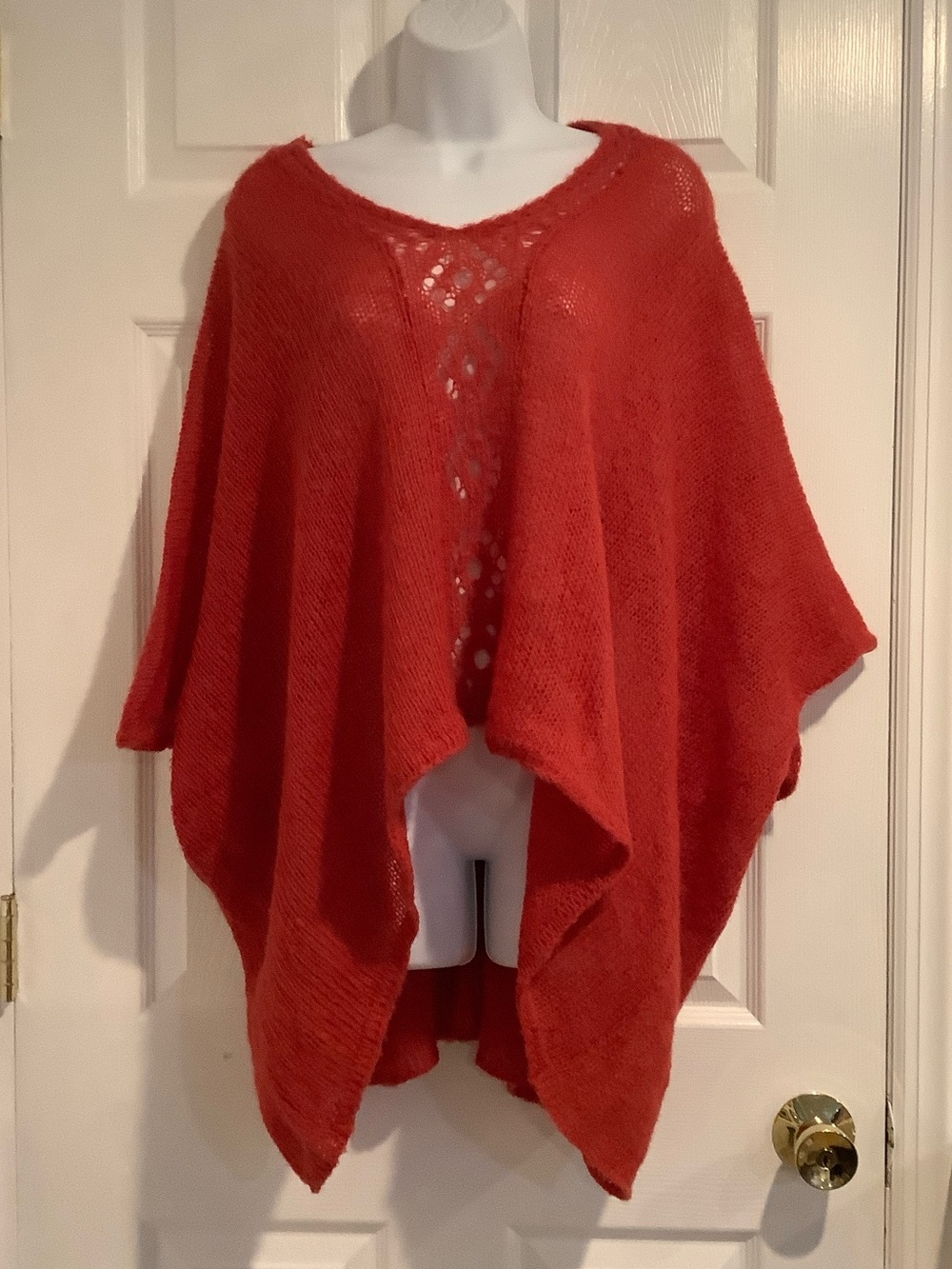 WOODEN SHIPS Red/Orange Mohair/Wool Blend Open Knit Fuzzy Soft Poncho Sweater OS